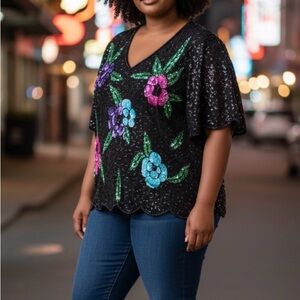 Stenay Vintage 100% Silk Black Floral Sequins Top